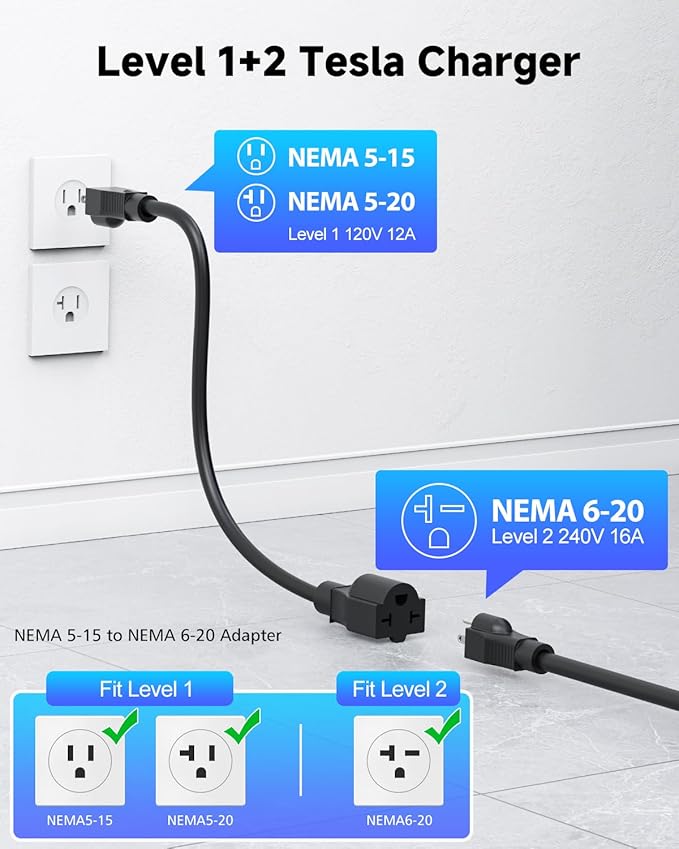 Portable Level 1/2 EV Charger for Tesla, 16Amp NACS Car Charger with 110V-240V, 25FT Extension Cable, NEMA 6-20 Plug, NEMA 5-15 Adapter, Home Mobile Wall Connector EV Charging Station for Tesla Cars