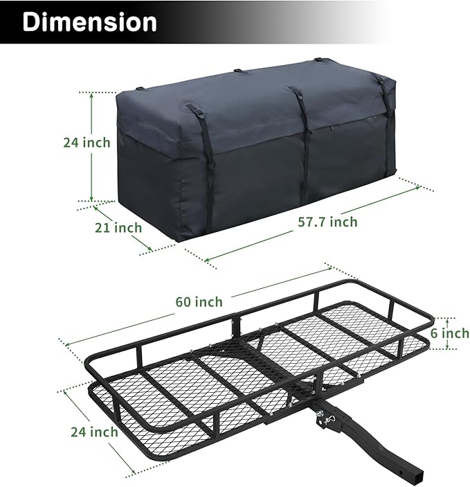 Leader Accessories Trailer Hitch Cargo Carrier Rack with Bag, 60"x24"x6" Folding Hitch Mount Vehicle Carrier Basket for SUV, RV, Truck, Van, Fits 2" Receiver, 500 lbs Load Capacity