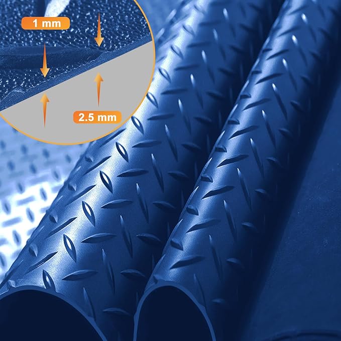 Boshen 5x12FT Garage Floor Mat, 2.5mm Thickened Diamond Plate PVC Rubber & Vinyl Flooring Roll, 60 SQFT Non-Slip Rubber Garage Mat for Floor Under Car Protection - Blue