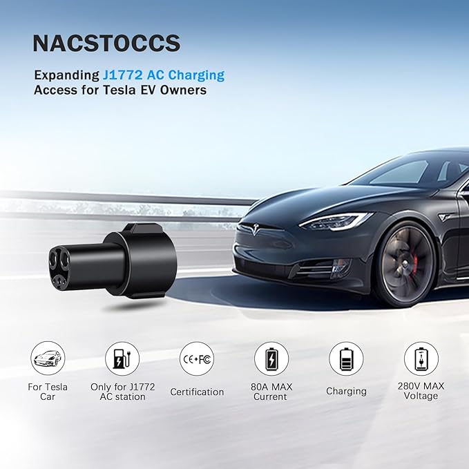 J1772 to Tesla Charger Adapter, Up to 80A 280V - J1772 to NACS Adapter for Tesla Model 3/Y/X/S with Safety Certified Charger Plated Efficient Charging Design