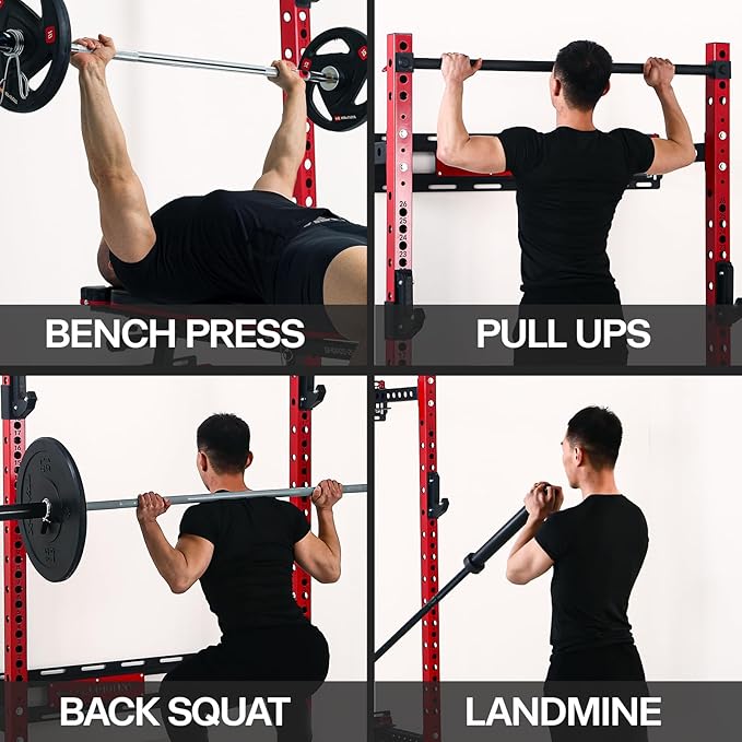 Folding Squat Cage Wall Mounted, 1100 LBS Foldable Squat Power Rack Weight Cage with Pull Up Bar, J-Cups, Landmine and Partable Space Saving Standing for Home Gym Garage Workout