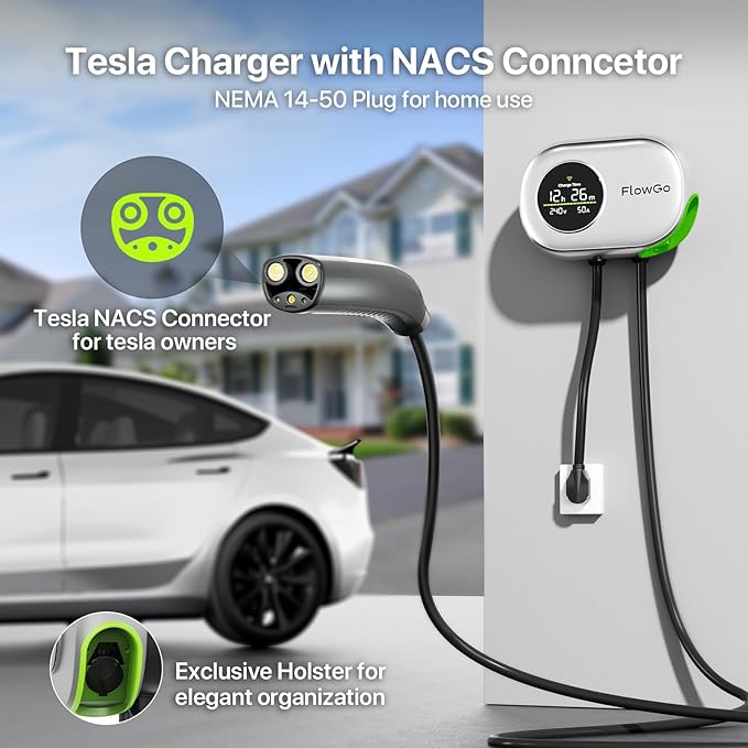 Level 2 Charger for Tesla 50A Smart Home Charger NACS 240V Tesla Charger 50 Apms Large Motion-Activate Display Screen One-Piece Housing Metal Case 25 FT Cable NEMA 14-50 Plug