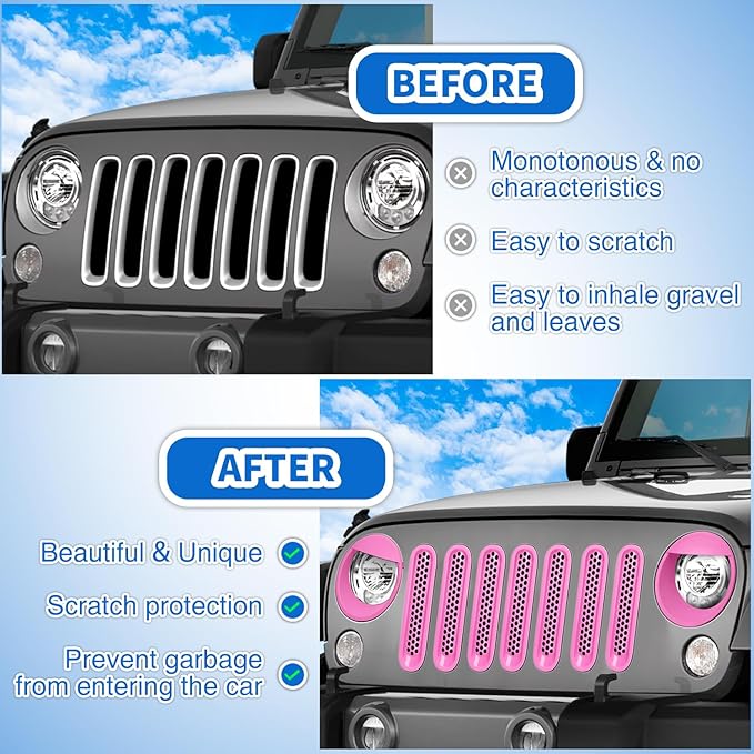 Nilight Grill Inserts fit for Jeep Wrangler Front Grille Mesh Inserts & Headlight Cover Set for JK JKU Unlimited Sports Sahara Freedom Rubicon 2007-2018 Clip-in Trim Exterior Accessories Pink 9 Pcs