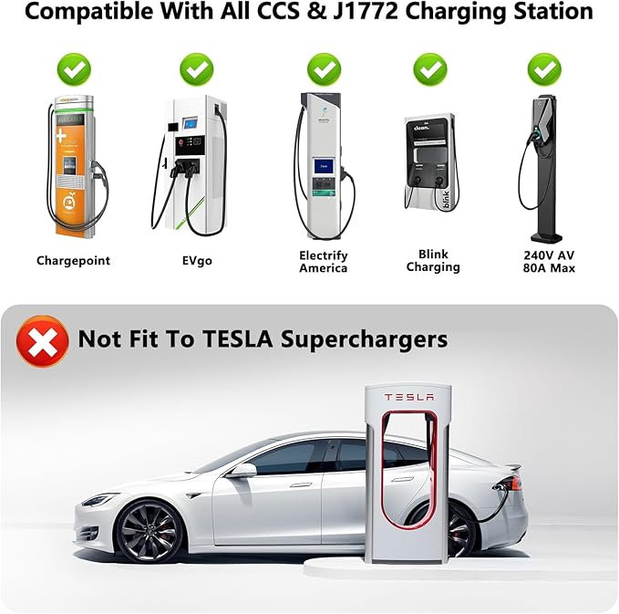 4-in-1 CCS & J1772 to Tesla Adapter, for Tesla Model 3/Y/S/X/Cybertruck at CCS1 DC Fast Chargers & J1772 Level 1/2 Stations, Compatible with All Tesla Models