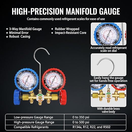 4.5 CFM AC Vacuum Pump and Gauge Set,for Mini Split/HVAC/Auto Systems,Manifold Gauge Kit Compatible with R134a R12 R22 R502,Includes R134a Can Tap,R410a Adapters