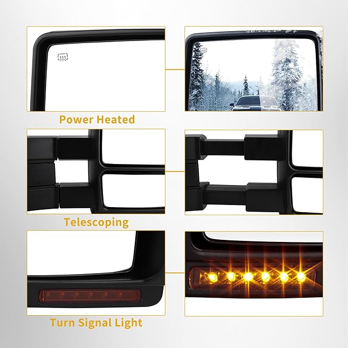 DWVO Towing Mirrors for 2007-2014 Ford F150, Power Heated Side Mirrors with Amber LED Turn Signal, Puddle Light, Manual Telescoping and Folding, Pair Replacement Tow Mirrors Set