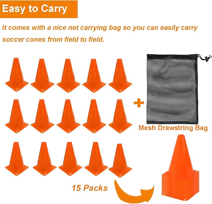 7 Inch Soccer Cones with Carry Bag,15 Pcs Sports Training Cones, Basketball Football Skating Drills Cones, Small Plastic Agility Marker Cone For Indoor and Outdoor Games,Orange Mini Traffic Cones