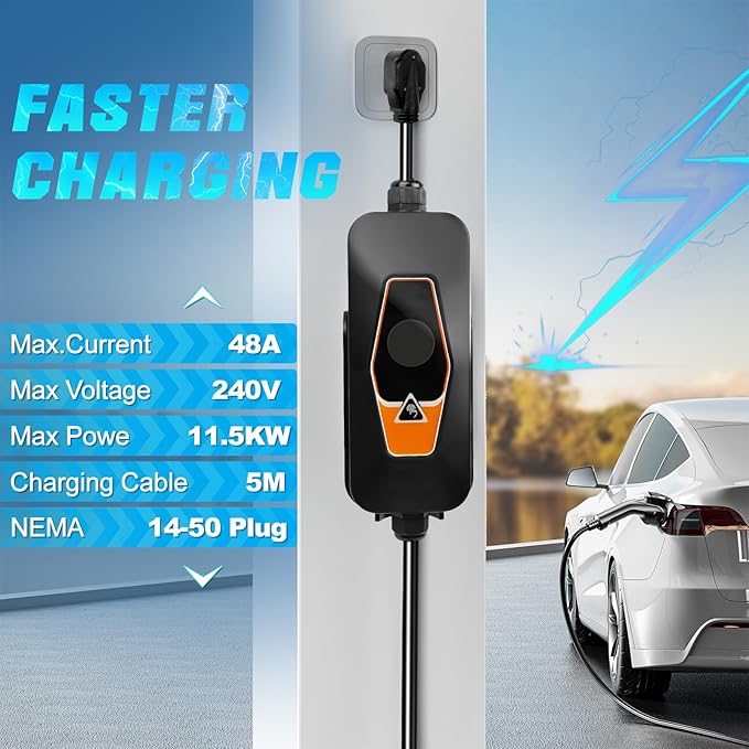 Portable EV Charger Level 2, 48Amp 240V, Electric Vehicle Charger with 16.5FT Cable, NEMA 14-50 Plug, Compatible with SAE J1772 EVs, Scheduled Charging, Adjustable Current, Smart APP