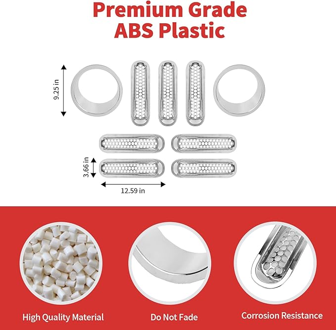 Mesh Grille Grill Insert+Headlight Turn Light Cover Trim Fit for 2007-2018 Jeep Wrangler JK JKU(Chrome)