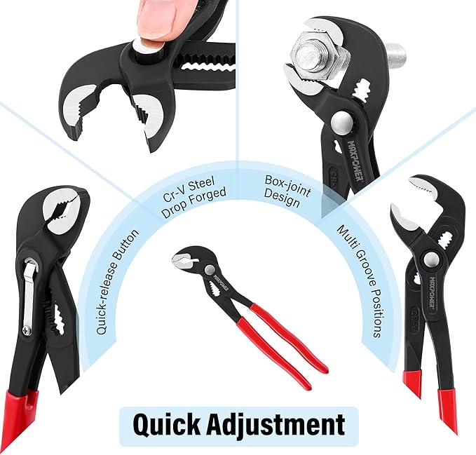 MAXPOWER 7" 10" 12" Water Pump Pliers Set, Quick Adjustment Push Button Locks Pliers, with Max Jaw Capacity 0.98" 1.4" 1.6"