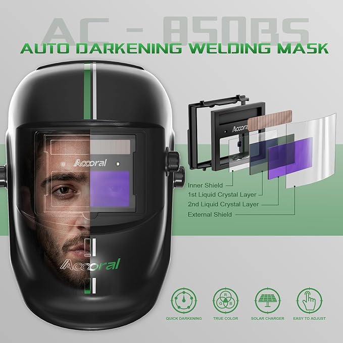 1/1/1/1 Large Viewing Auto Darkening Welding Helmet True Color Solar Powered Weld Hood Wide Shade 4/8.5-12.5 for TIG MIG Arc LYG 850BS