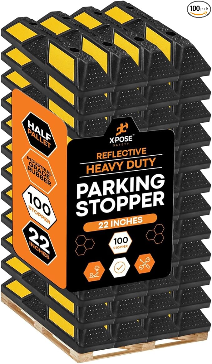 Xpose Safety 22" Heavy Duty Rubber Parking Stopper – Bulk 1 Full Pallet 100 Pack Wheel Blocks for Garage, Driveway, or Ramp – Car Bumper Stop with Yellow Reflective Strips – Removable Floor Mount
