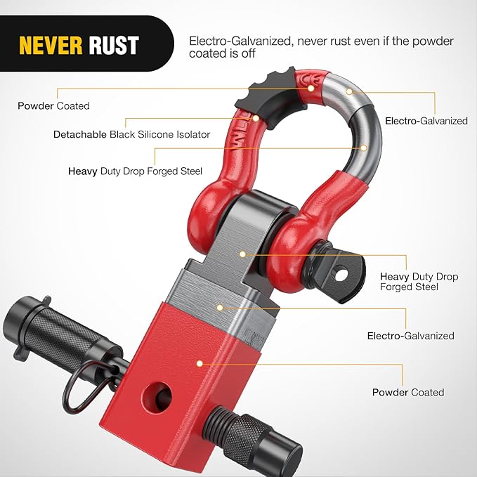 Nilight Anti-Theft Shackle Hitch Receiver 2Inch 45000 LBs Breaking Strength 3/4" Anti-Theft D Ring Shackle 5/8" Trailer Hitch Lock Pin Heavy Duty Solid Towing Kit for Trucks Off Road (Red)