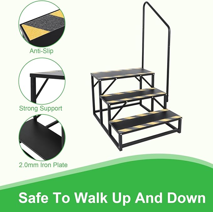 3 RV Step Stairs,Hot Tub Steps with Handrail,Portable Step Ladder for Travel Trailer,Camper,Porch,Pet Stair,Outdoor Stairs with Non-Skid Tapes