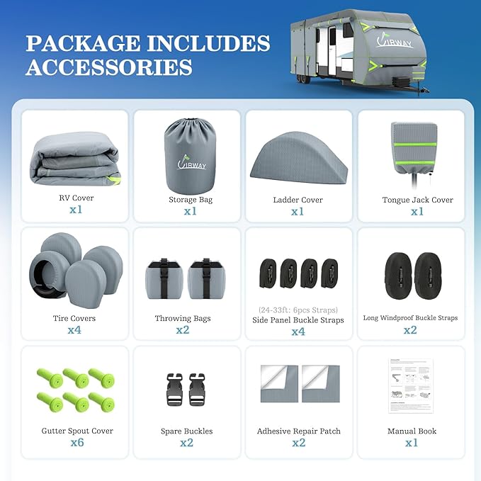 UIRWAY RV Cover 22-24ft Travel Trailer, Upgraded 7-Layers Camper Cover, Waterproof Rip-Stop Travel Trailer Cover with 4 Tire Covers, Tongue Jack Cover, Gutter Covers, Repair Patches, Windproof Straps