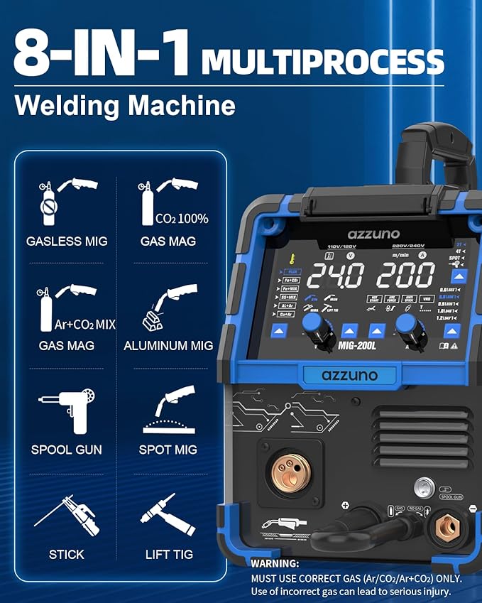 AZZUNO 200A MIG Welder 110V/220V, 8 in 1 Welder Machine Aluminum MIG/Gas MAG/Gasless Flux Core MIG/Gas MIG/Spot MIG/Spool Gun Compatible/Lift TIG/Stick Welding, Multi process Welding Machine