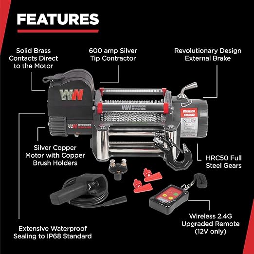 Warrior Winches Samurai 8000 lbs 12V Electric Winch with Steel Cable - Powerful Electric Winch for Trucks - 8000 lbs Load Capacity - Wireless Remote Included
