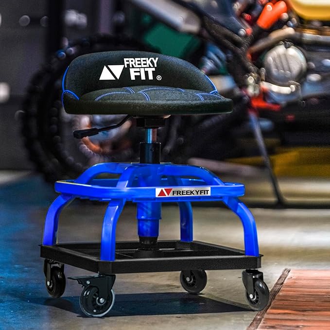 Rolling Shop Stool with Wheels, Garage Work Mechanic Stool with Backrest, Roller Mechanic Chair, Adjustable Height, 360° Swivel, Tool Tray Storage, 330 LBS Capacity, Heavy Duty, Blue