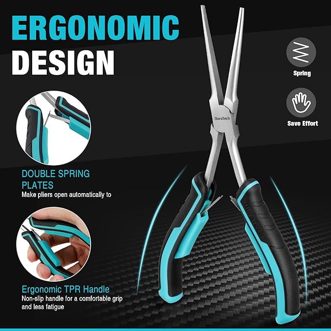 DURATECH 4PCS Long Reach Pliers Set with Pouch - Needle Nose, Diagonal, Linesman and Flat Nose, Mini Extra Long Pliers Set for Jewelry Making, Wire Bending and Object Gripping on Narrow Space