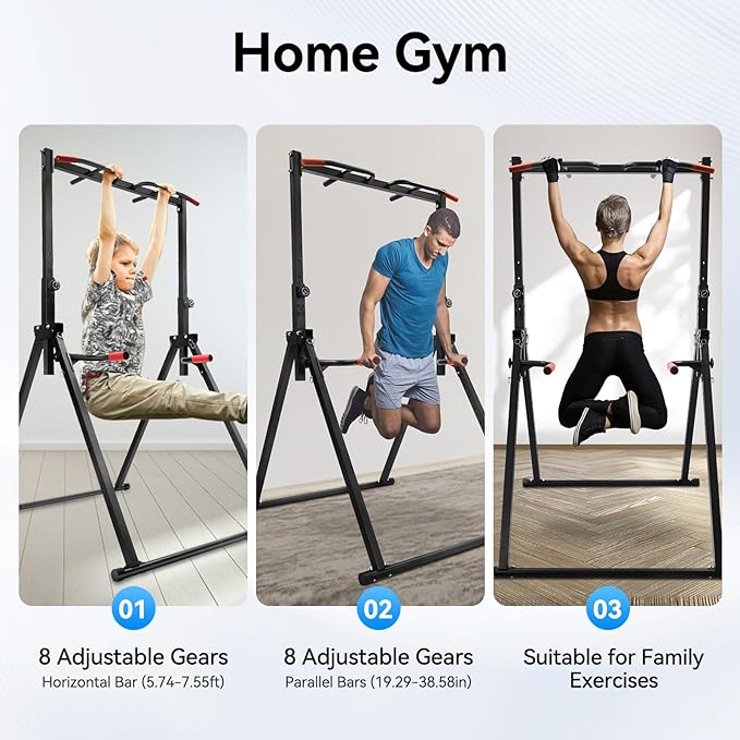 440.92LBS Pull Up Bar Station, Portable Pullup Bar Station, 5.74-7.55ft Height Adjustable 1.2MM-wall Stable Triangular Structure PVC Carbon Steel Freestanding Home Training Workout Dip Stands
