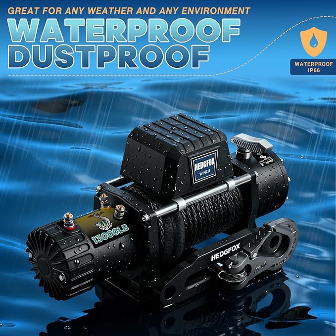 12V 13000lb Winch Synthetic Rope Electric Power Winch Waterproof IP66 with Wireless Remote and Handheld Corded Switch for Truck SUV Pickup Trailer Offroad Recovery Equipment