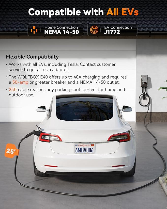 WOLFBOX Level 2 EV Charger 40 Amp - Smart Display, RFID Card, 25ft Cable, Outdoor/Indoor, NEMA 14-50 EV Charger Level 2, WiFi Enabled, 240V Electric Vehicle Charging Station for Electric Automobile