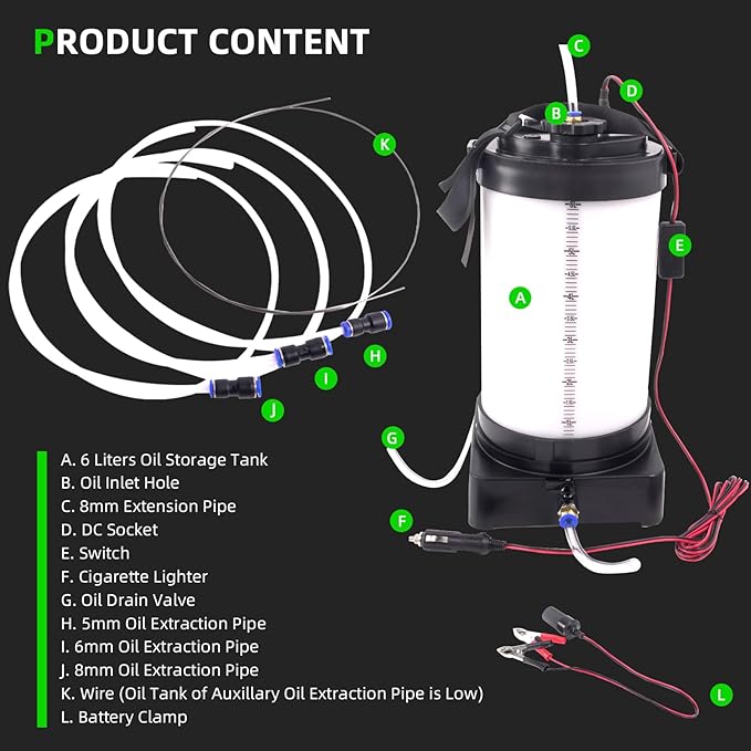leaptrend Electric Oil Vacuum Extractor (NOT Manual), Oil Changer Fluid Extractor Pump with Cigarette Lighter and Crocodile Clip, 3 Size Oil Extraction Hose, 6L Oil Barrel w/Drain Switch
