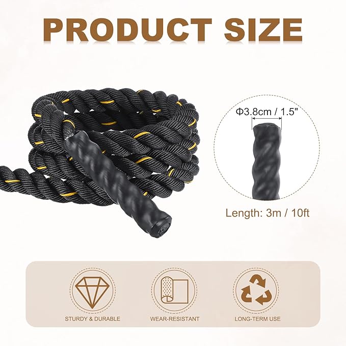 MECCANIXITY Battle Rope 10ft x 1.5 Inch Polyester Workout Rope Heavy Fitness Exercise Rope for Strength Training Home Gym Muscle Building, Black Yellow