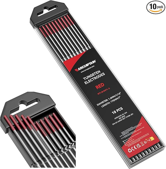 ARCCAPTAIN TIG Welding Tungsten Electrode 10-Pack 1/16"x 7"(Red, WT20/EWth-2)