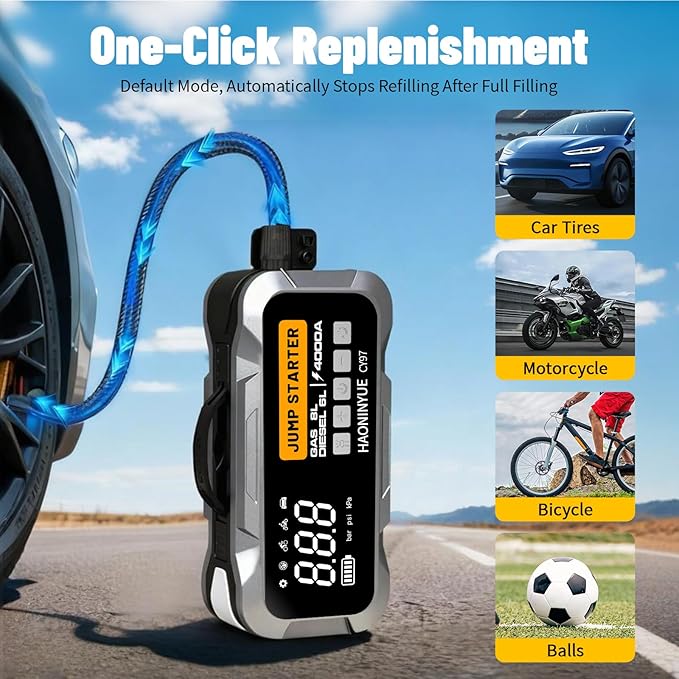 4000A Car Jump Starter with Air Compressor, 12000mAh&150PSI Portable Car Battery Jump Starter, 12V Jump Box Battery Pack (8L Gas 6L Diesel Engine) with Boost, LEDLight and Jumper Cables