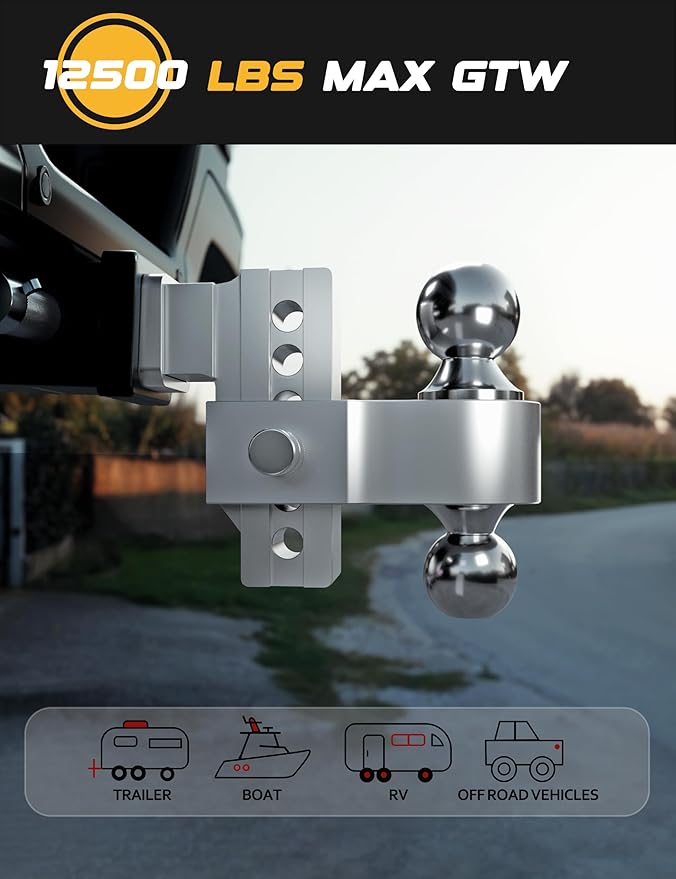 RETRUE Aluminum Trailer Tow Hitch for 2.5 Inch Receiver, Adjustable Truck Towing Hitches with Hitch Tightener, Heavy Duty 4 Inch Drop Down/Rise Up Hitch 12,500 LBS GTW 2 Anti-Theft Pin Locks
