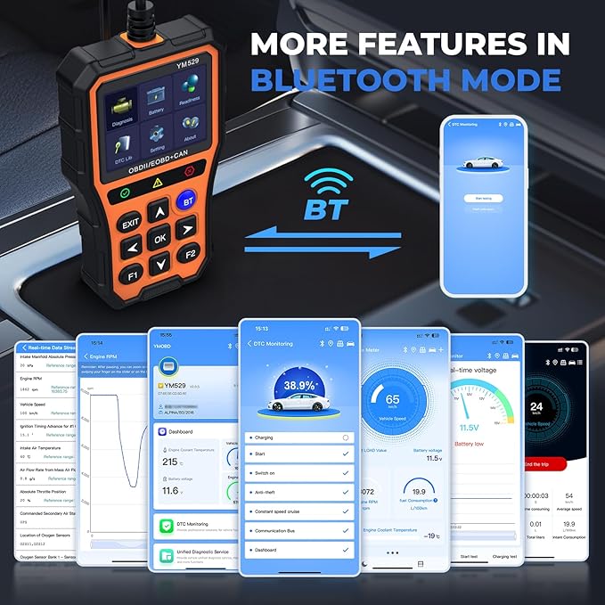 Bluetooth OBD2 Scanner with Battery Tester & Monitoring & Life Test - Support Checking Car Diagnostic Information on iPhone & Android, 2.8 inch HD Large Color Screen, TPU case Protection, Orange