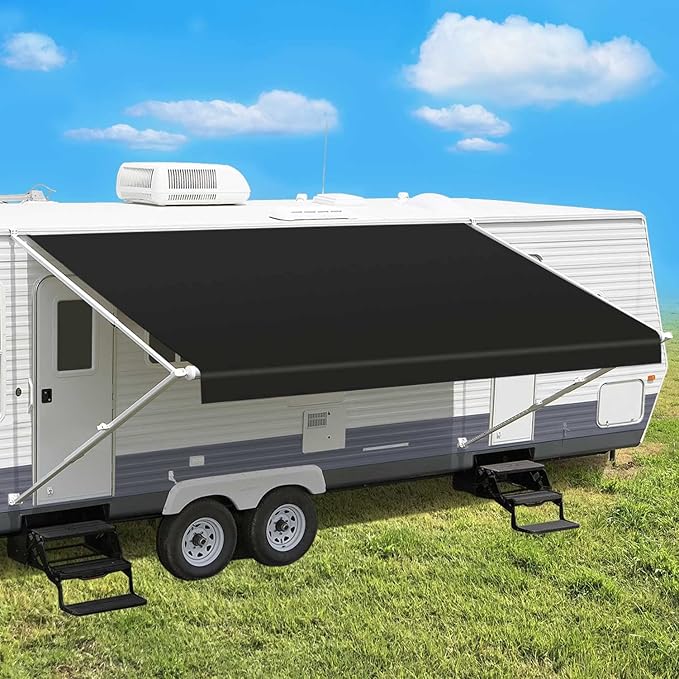 Leaveshade RV Awning Fabric Replacement Motorhome Camper Trailer Awning Fabric Super Heavy Vinyl Coated Polyester 20'3''(Fit for 21' Awning)-Solid Black