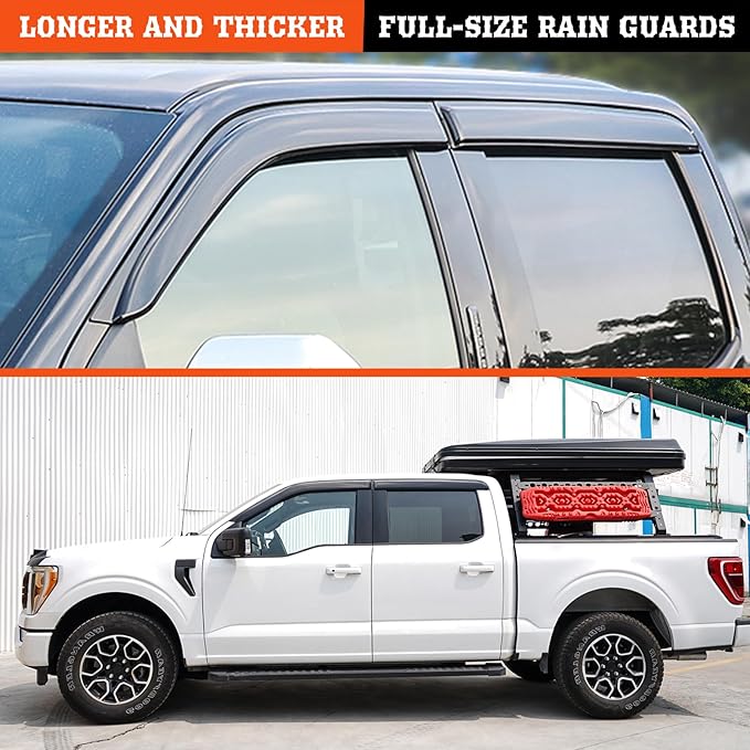 Outside-Mount Rain Guards Window Visors for 2019-2026 Dodge RAM 1500 Crew Cab (New Body Style) Full-Size Wind Vent Deflectors Truck Accessories Dark Smoke 4-Piece Set with Thicker