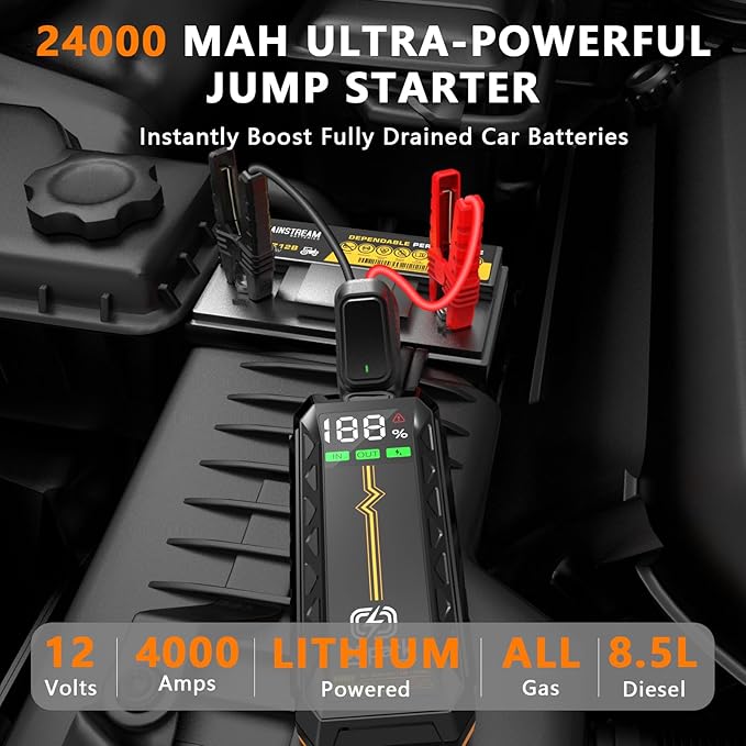 G69H 4000A Jumper Starter Portable,24000mAhJump Starter Battery Pack(All Gas,Up to 8.5L Diesel Engine),12V Portable Jump Starter with USB Quick Charge LED Flashlight Compact Storage Case