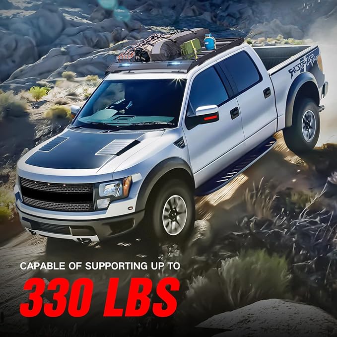 Roof Rack Cargo Basket with 2 LED Lights Compatible for 2009 2010 2011 2012 2013 2014 Ford F-150 & Raptor SuperCrew Cab, Rooftop Cargo Carrier Luggage Storage Holder