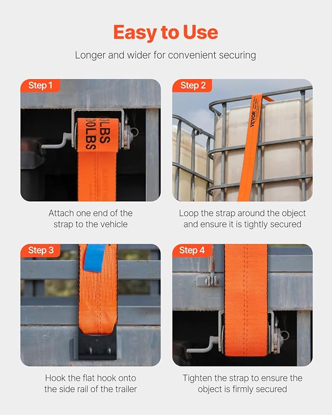 VEVOR Truck Straps, 4" x30' Heavy Duty Tie Down w/Flat Hooks 18,000lbs Break Strength, WLL# 6000lbs, Cargo Straps tie Down for Flatbeds, Trucks, Trailers, Farms, Rescues, Tree Saver, Orange(10 Pack)