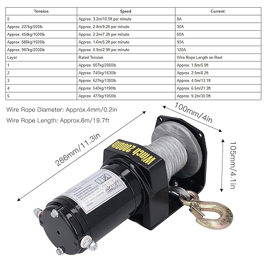 Electric Winch, 24V 2000LBS Load Capacity Electric Steel Cable ATV Winch Kits with Handheld Controller, Electric Winch kit with Buckle Design Alloy Steel Hook for Towing Boat Off Road Trailer