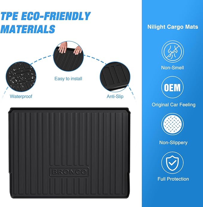 Nilight Cargo Mats for Ford Bronco 4 Door 2021 2022 2023 2024 2025 All Weather Protection Heavy Duty Cargo Liners