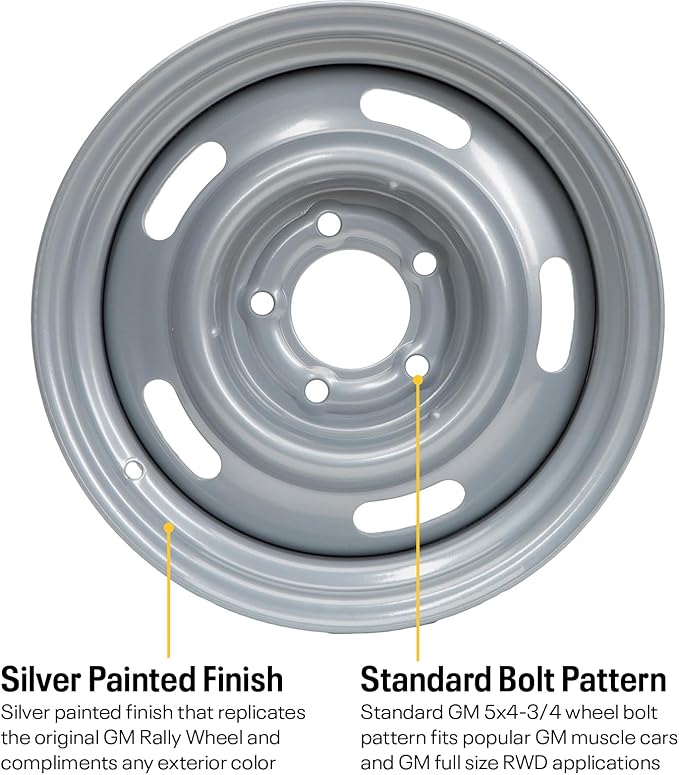 Speedway Motors GM Style 15 x 7 Inch Silver Steel Rally Wheel, 5 on 4.75 Direct-Fit Bolt Pattern, Rear-Wheel Drive Vehicle Only, 4.25” Wheel Backspacing, Sold Individually