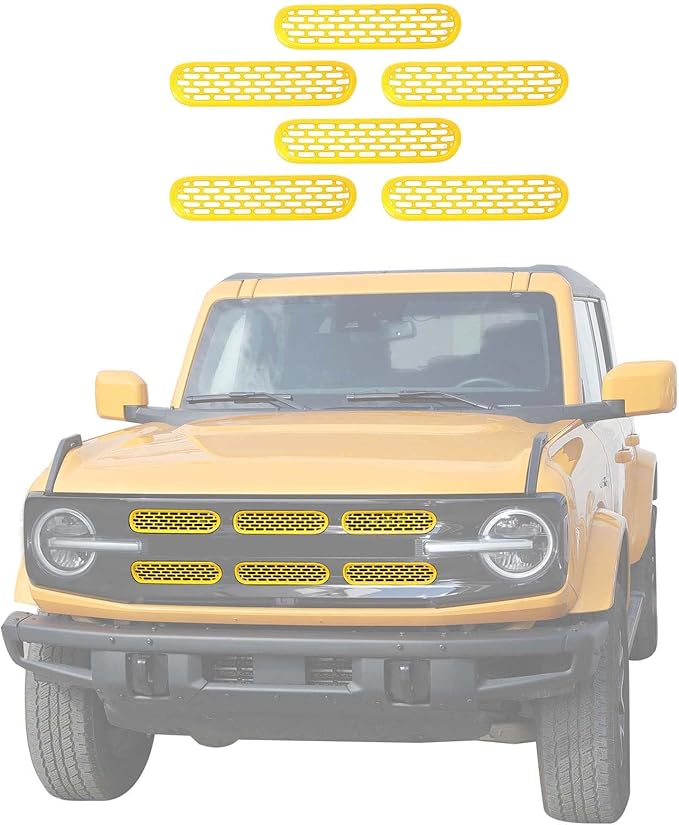 Jimen Compatible with Ford Bronco 2021-2023, 6PCS Front Grille Inserts Mesh Grill Cover Exterior Trim Accessories (Yellow)