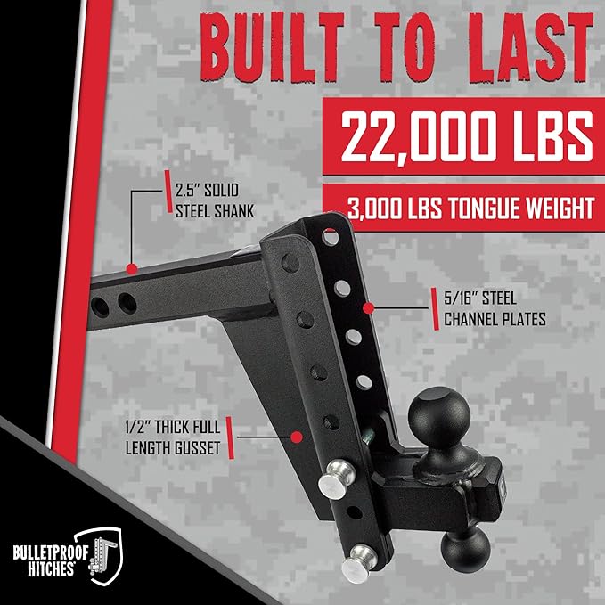 BulletProof Hitches - 2.5" Adjustable Heavy Duty Trailer Hitch (22,000 lb. Rating) - 8" Drop/Rise Trailer Hitch with 2" & 2-5/16" Dual Ball - Powder Coat, Solid Steel, Corrosion-Resistant
