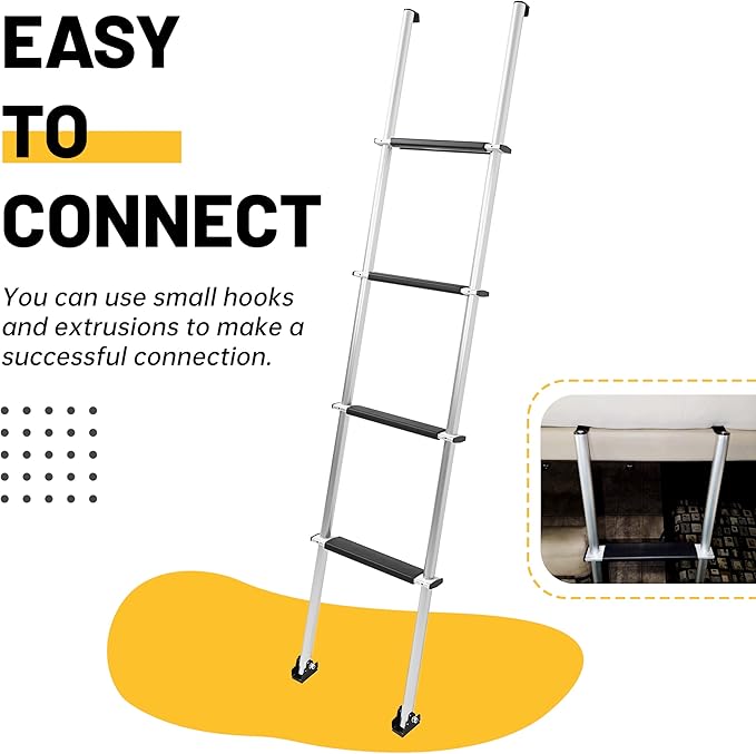 KUAFU 60'' Bunk Bed Ladder with RV W/Hook and Rubber Foot Pads Aluminum RV Camper Bunk Ladder with Non-Skid Steps for Safe Climbing 450LBS