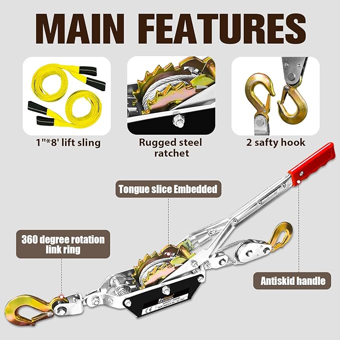 Come Along Winch 2 Ton Capacity with 7.54FT Steel Cable Heavy Duty Come Along Tool with Dual Gears 2 Hooks with Two 1"x8FT Lifting Straps Hand Winch Tool for Road Vehicle Recovery and Pulling