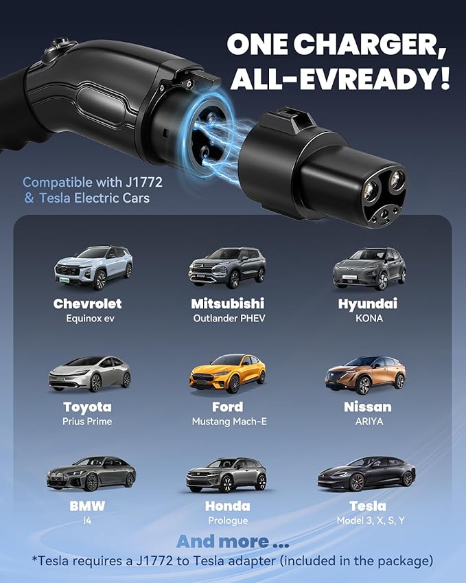 Level 2 EV Charger, 40A Electric Car Charger | UL 2594, UL 2251 | Tesla Adapter | Adjustable Current | Reservation Charging | 240V 9.6KW | NEMA 14-50 | for All Tesla Models ＆ J1772 Vehicles