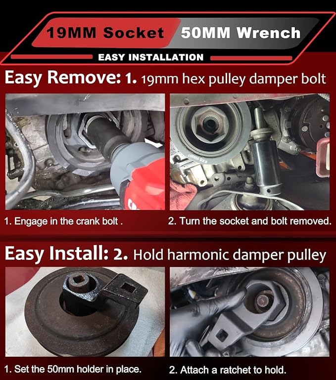 19 mm Harmonic Balancer Socket & 50mm Crankshaft Crank Pulley Wrench Holder Tool Compatible with Honda and Acura Engines | 77080 19mm Crank Bolt Socket | 2 Pack