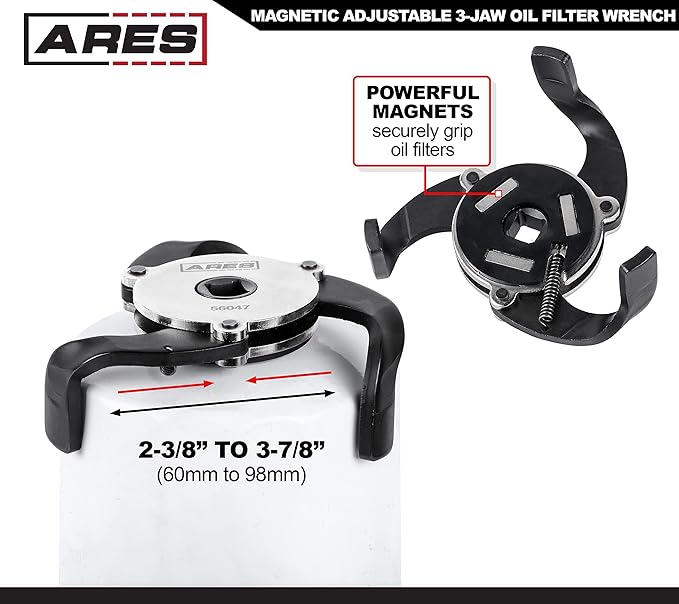 ARES 56047 – Adjustable Magnetic 3-Jaw Oil Filter Wrench – 2 3/8-Inch to 3 7/8 Inch (60mm to 98mm) Range – Use with 3/8 or 1/2-Inch Drive Ratchets