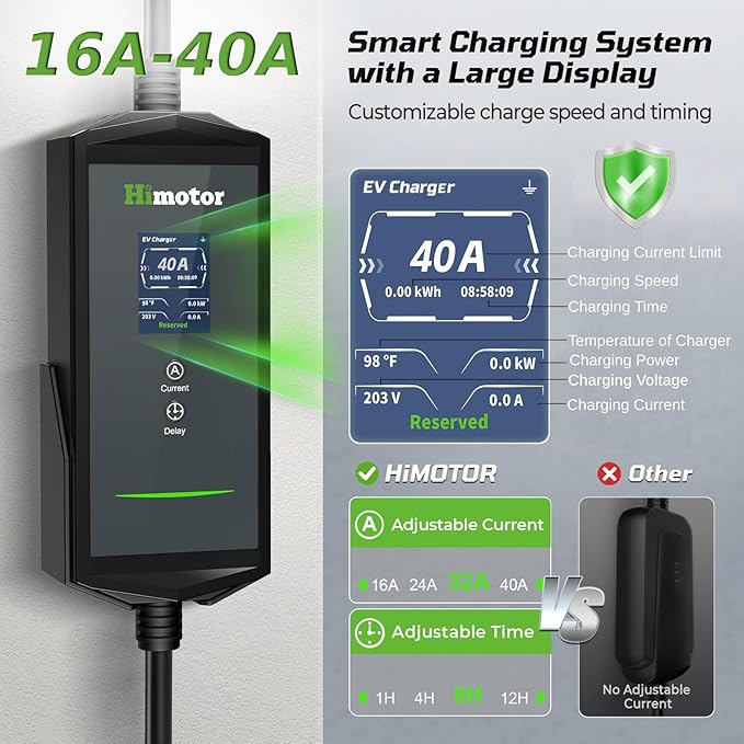 Tesla Charger 40Amp 9.6KW, Portable Level 2 EV Charger Adjustable Current with 2.4" LCD 25FT Cable, 110V-240V, NEMA 14-50 & 5-15 Plug, Compatible with Tesla Models 3/Y/S/X and J1772 Electric Cars