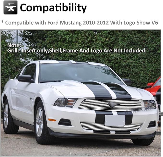 Chrome Main Upper Lower Bumper Grille Fits 2010-2012 Ford Mustang V6 Bolt Style Aluminum Grill Insert for Mustang V6 2010 2011 2012 (Upper + Bumper)