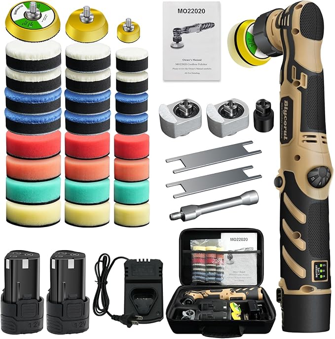 Cordless Mini Polisher,1/1.5/2Inch,DA&RO with 11 Variable Speed 2500-6000 RPM,2 * 2.3Ah Rechargeable Batteries,Car Detailing Micro Polisher